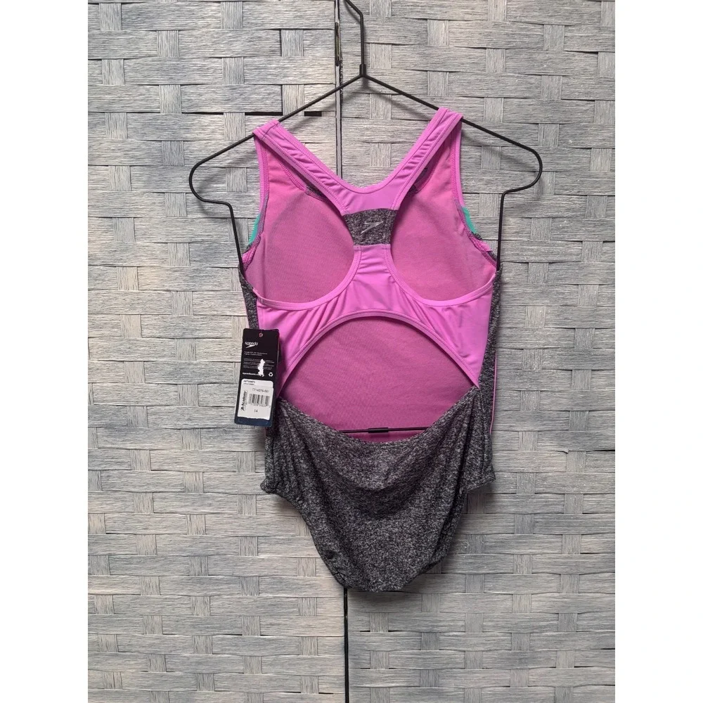 NWT‎ Speedo Girls 14 One Piece Swimsuit Grey Pink Teal Colorblock Racerback